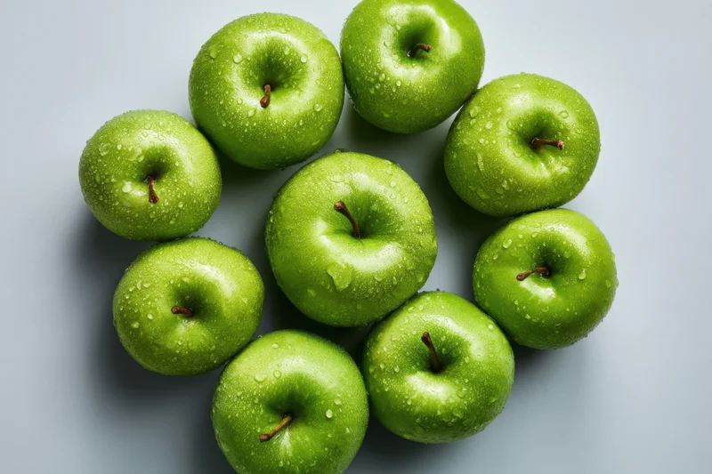 Cluster of shiny green apples with water droplets arranged on a light surface