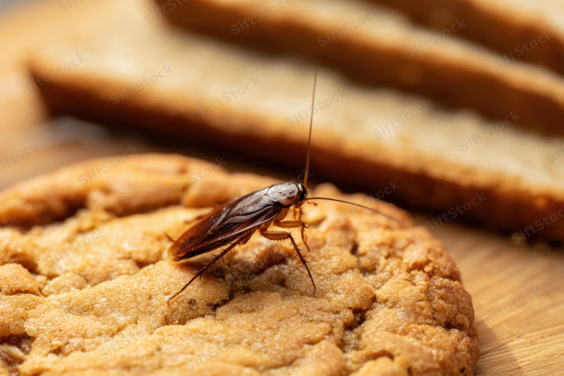 Cockroach crawling on a cookie placed on a wooden surface with bread slices in the background