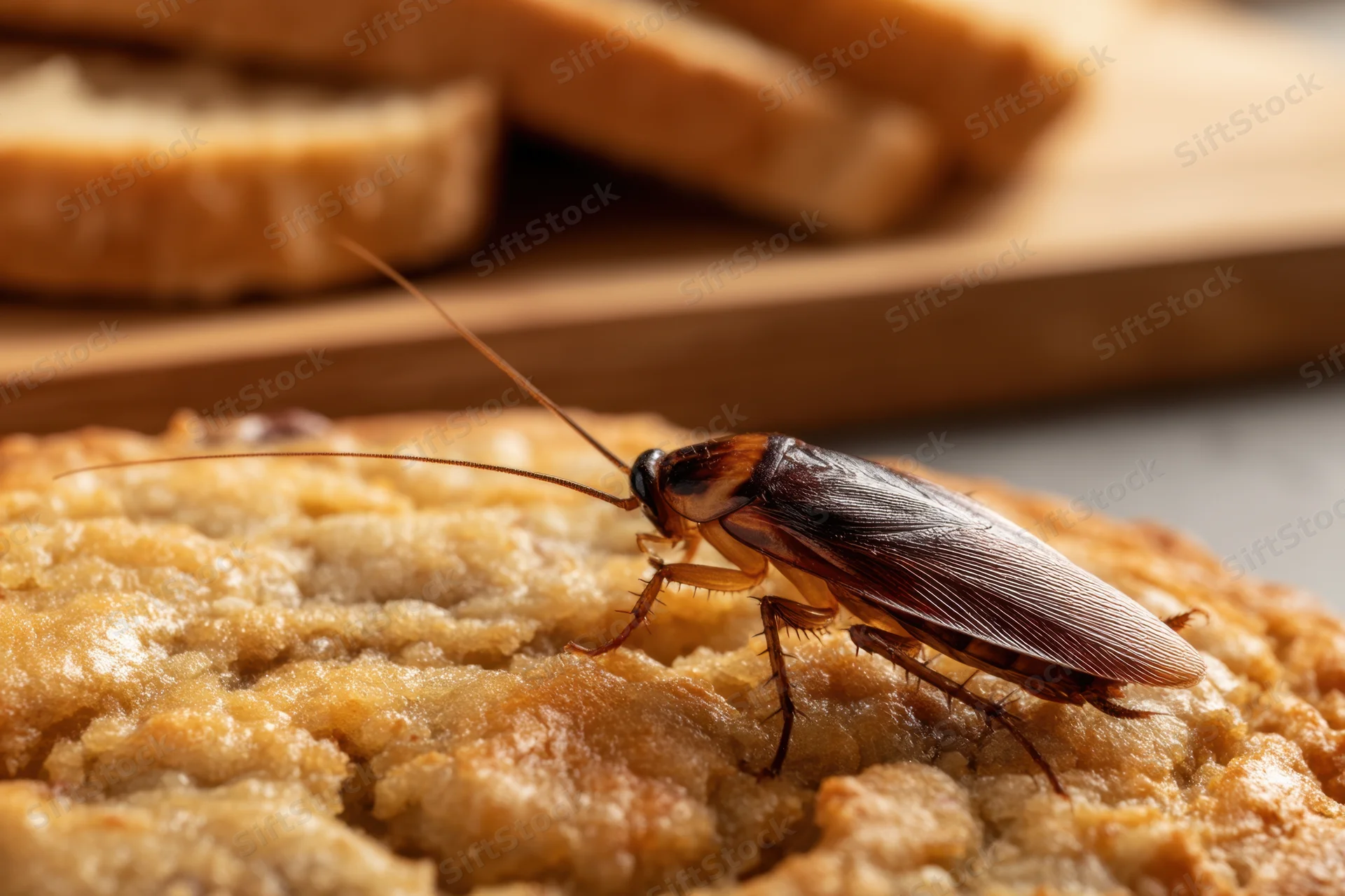 Cockroach crawling on a cookie in a kitchen setting