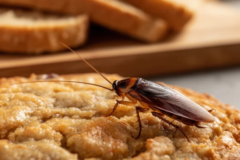Cockroach crawling on a cookie in a kitchen setting