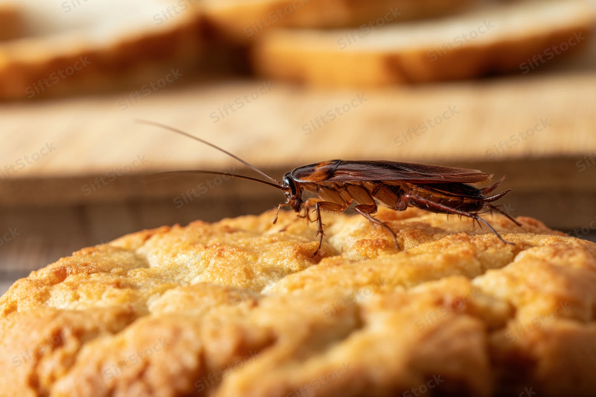 Cockroach crawling on a golden-brown cookie in a kitchen setting