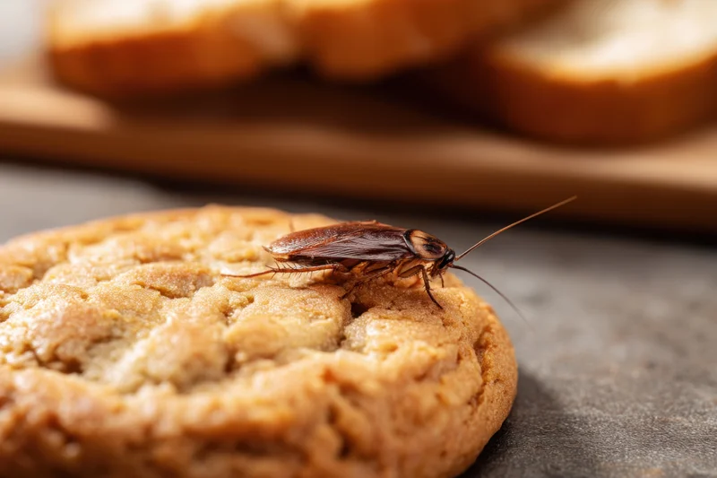 Cockroach crawling on a cookie on a kitchen countertop near sliced bread