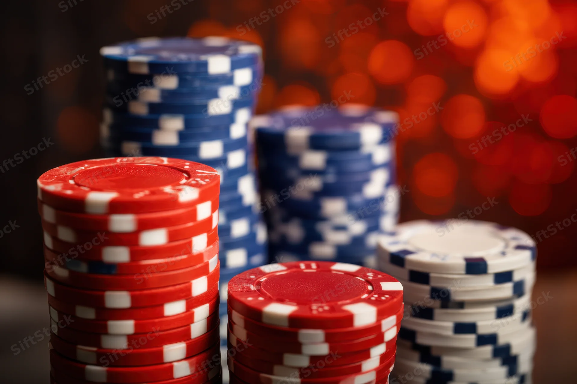 Stacks of red, blue and white poker chips arranged on a surface with blurred warm bokeh lights in the background