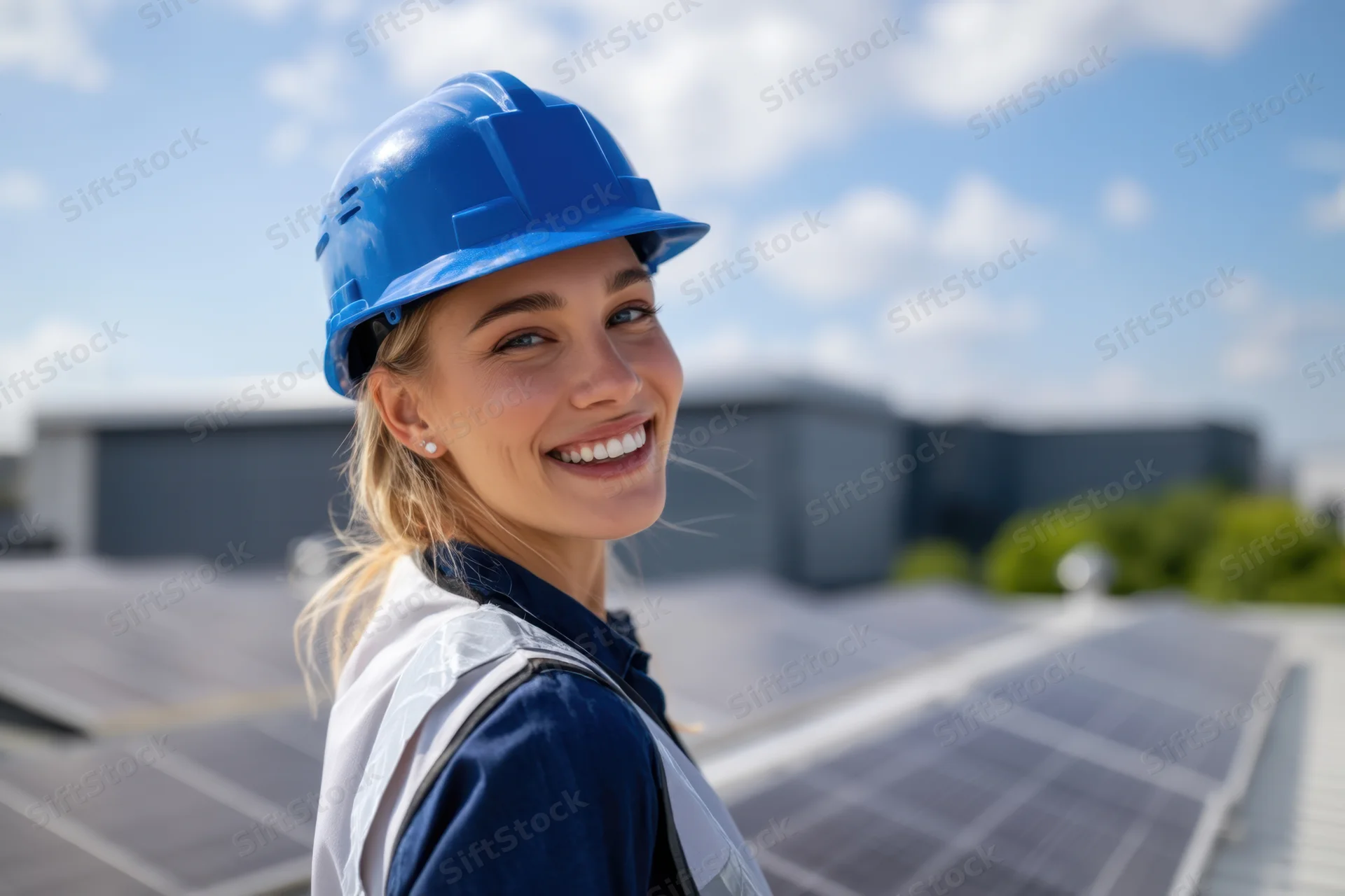 Smiling female worker in blue helmet and safety vest standing on rooftop with solar panels in background