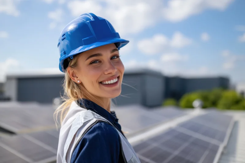 Smiling female worker in blue helmet and safety vest standing on rooftop with solar panels in background