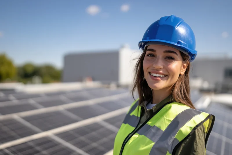 Woman worker smiling in front of solar panels on rooftop