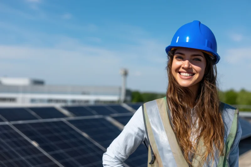 Smiling female worker in safety gear standing in front of solar panels on rooftop