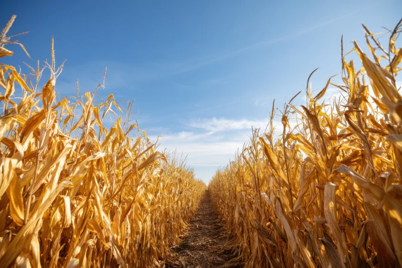 Path through dried corn stalks in a golden field under blue sky