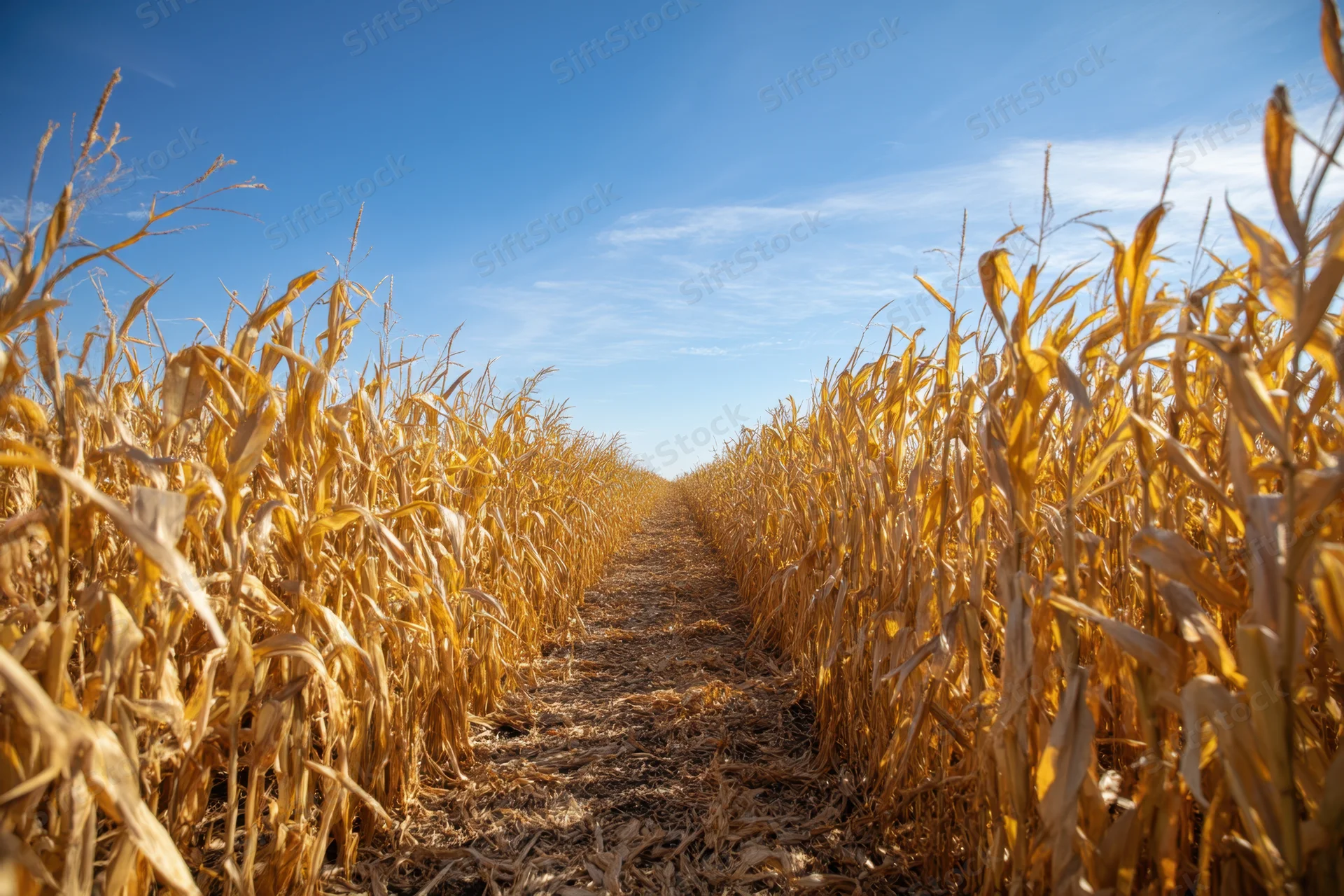 Path through dried corn stalks in a golden field under blue sky