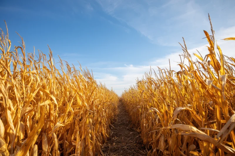 Path through dried corn stalks in a golden field under a blue sky