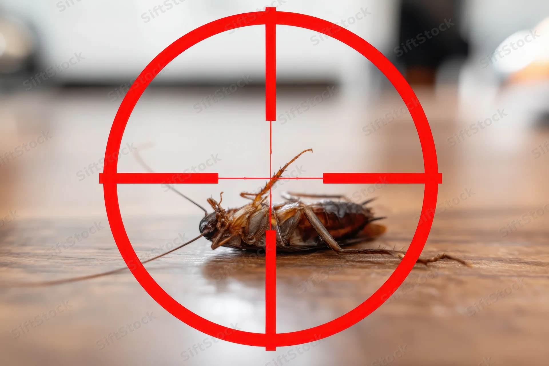 Dead cockroach lying on wooden floor with red crosshair target overlaid