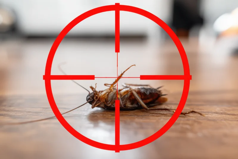 Dead cockroach lying on wooden floor with red crosshair target overlaid