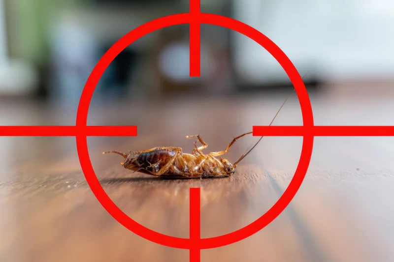Dead cockroach lying on wooden floor centered in red crosshair target