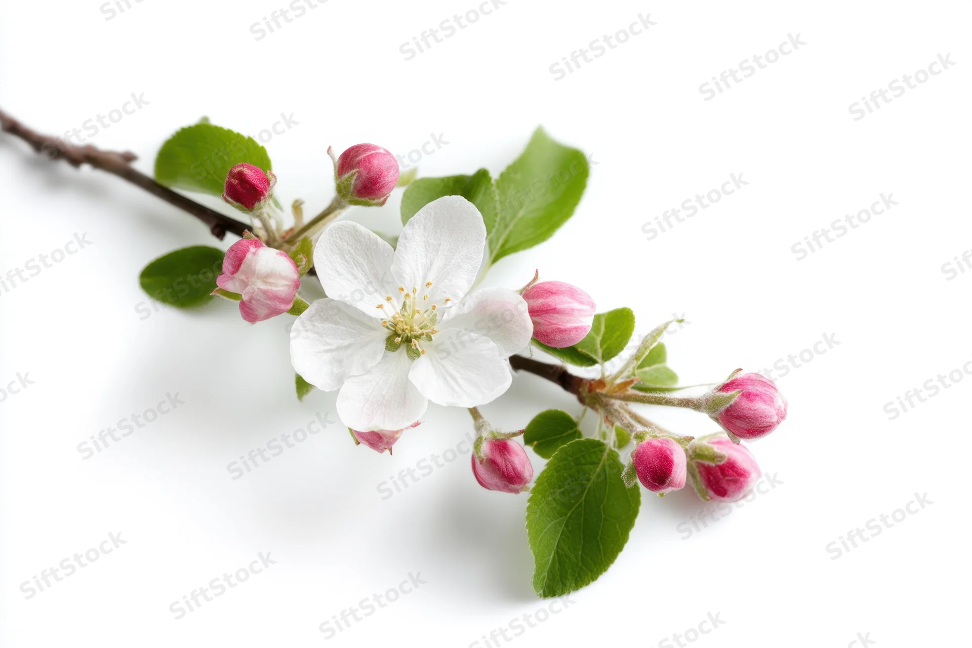 Apple blossom branch with one open white flower and pink buds among green leaves on white background