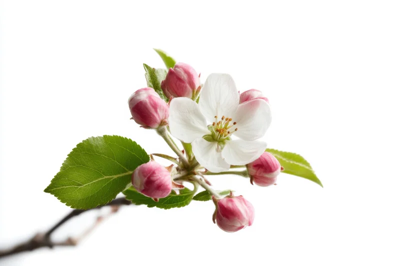 Apple blossom branch with one open white flower and pink buds on a white background