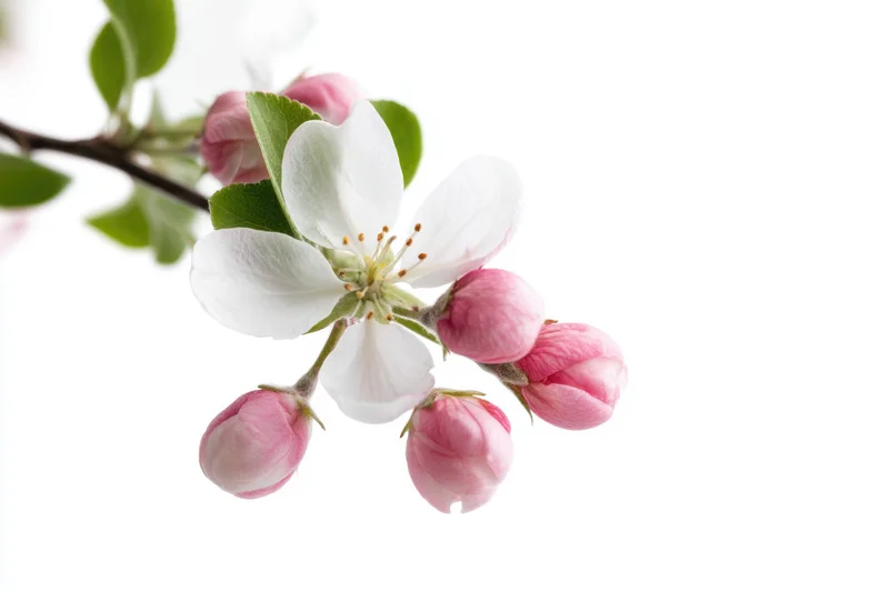 Apple blossom branch with one open white flower and pink buds on a white background