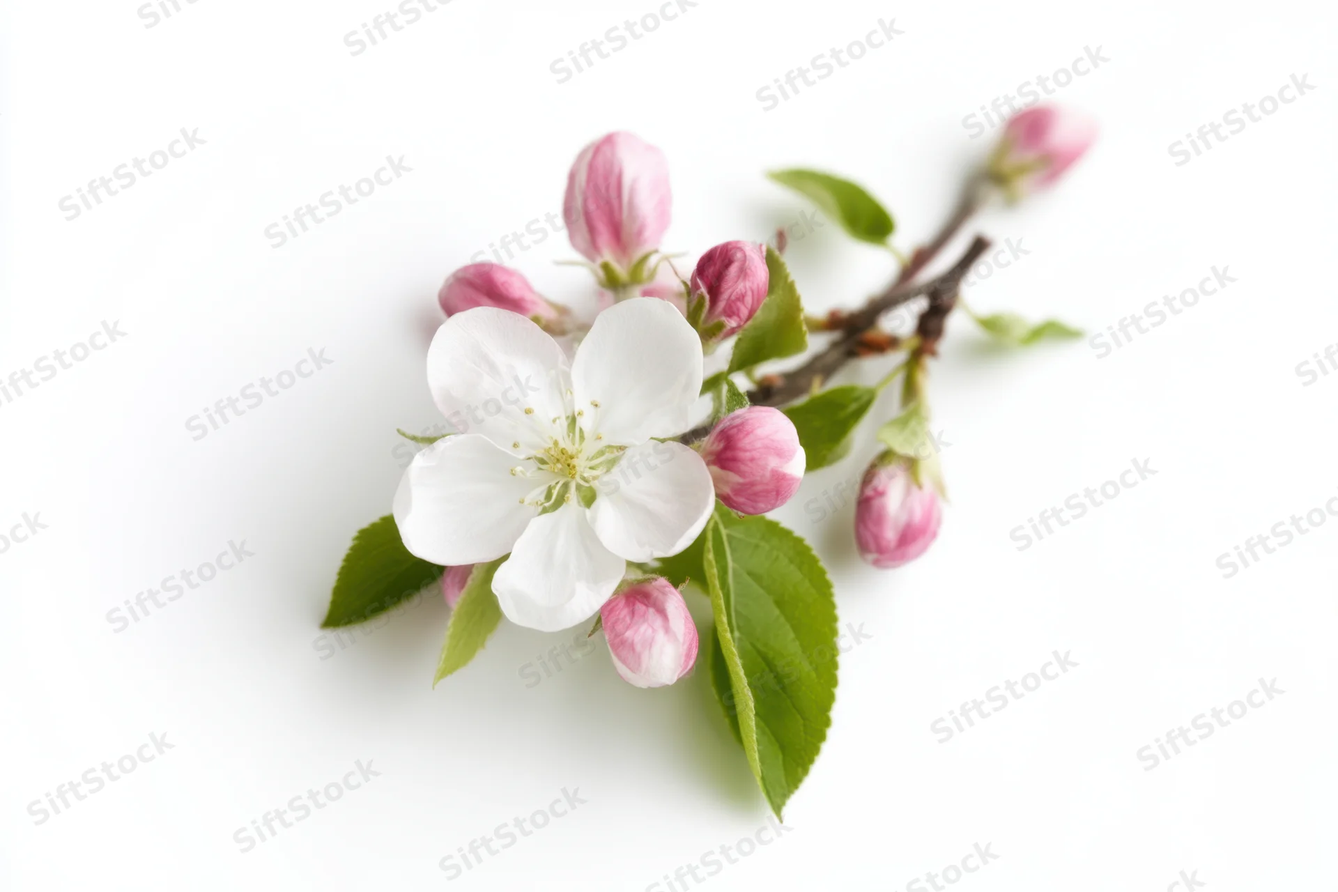 Apple blossom branch with one open white flower and pink buds on white background