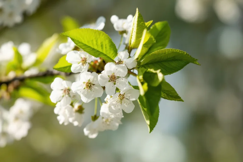 Cherry blossom branch with white flowers and green leaves in spring bloom