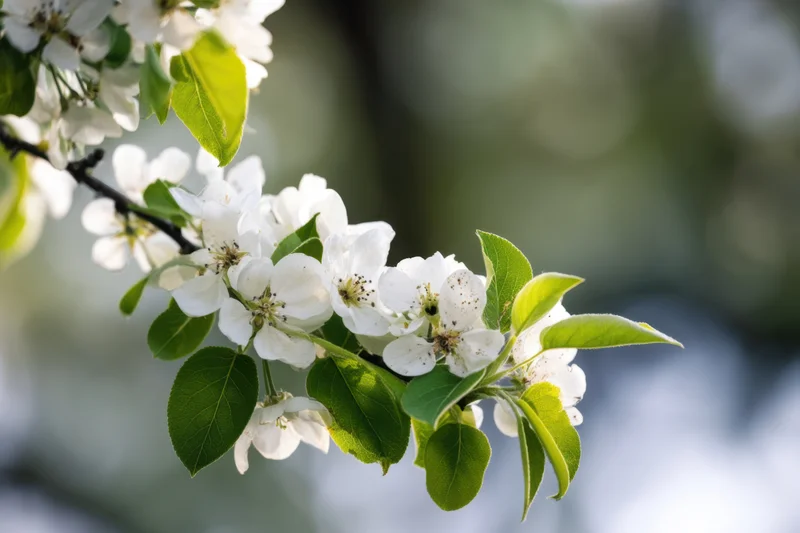 Blooming white flowers on a branch with green leaves in spring garden