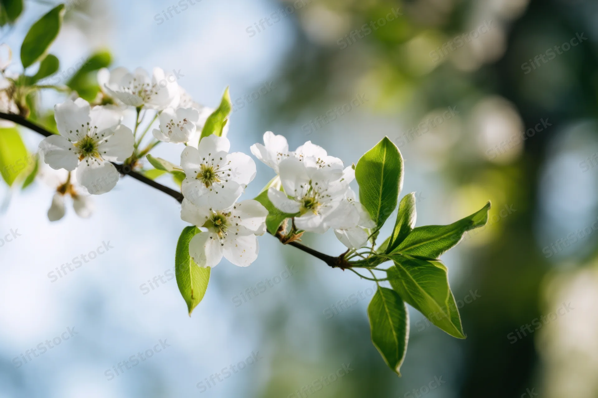 A branch with white blossoms and green leaves in springtime outdoors