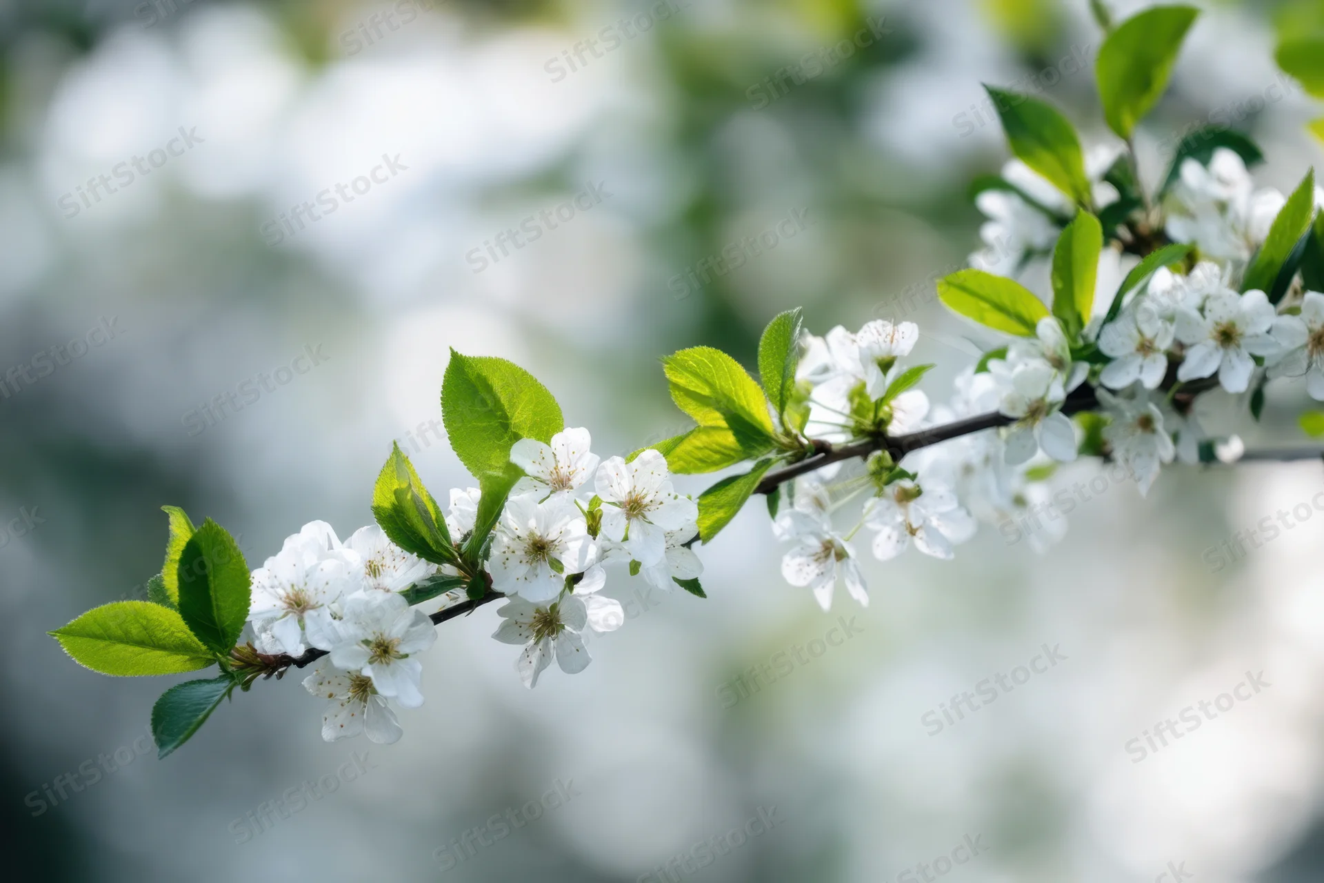 A blooming branch with white flowers and green leaves in springtime outdoors