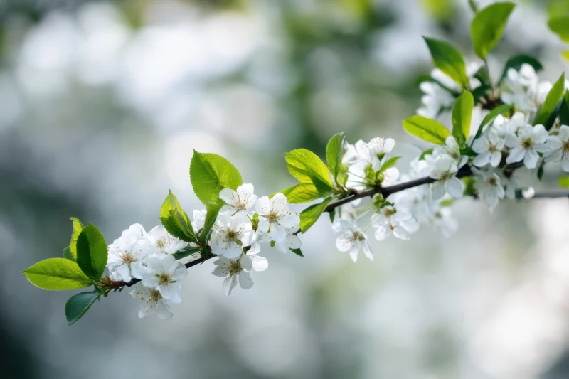 A blooming branch with white flowers and green leaves in springtime outdoors