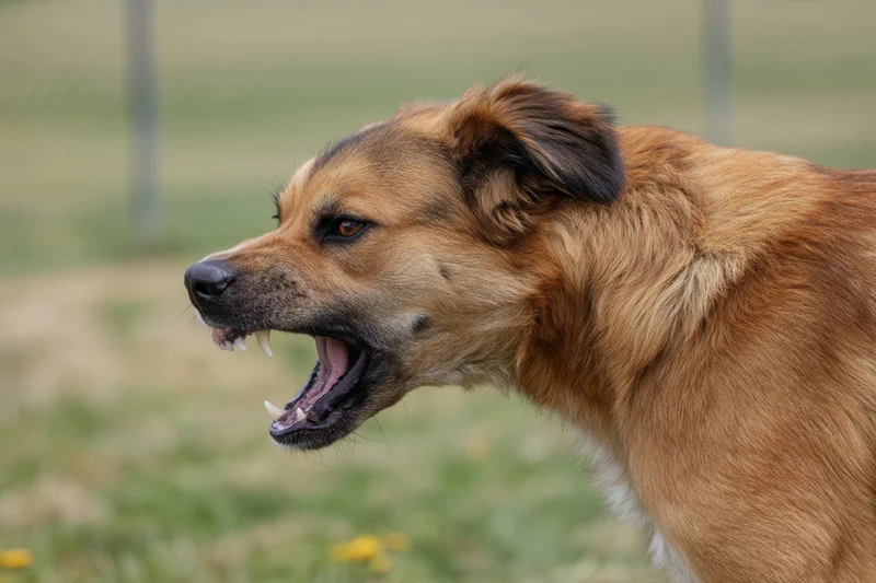 Dog snarling with bared teeth in a grassy outdoor field
