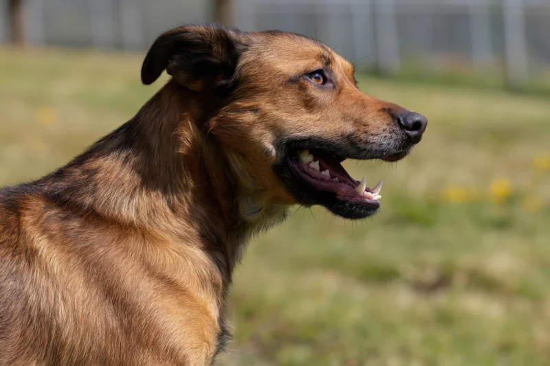 Dog snarling with teeth bared in a grassy outdoor field