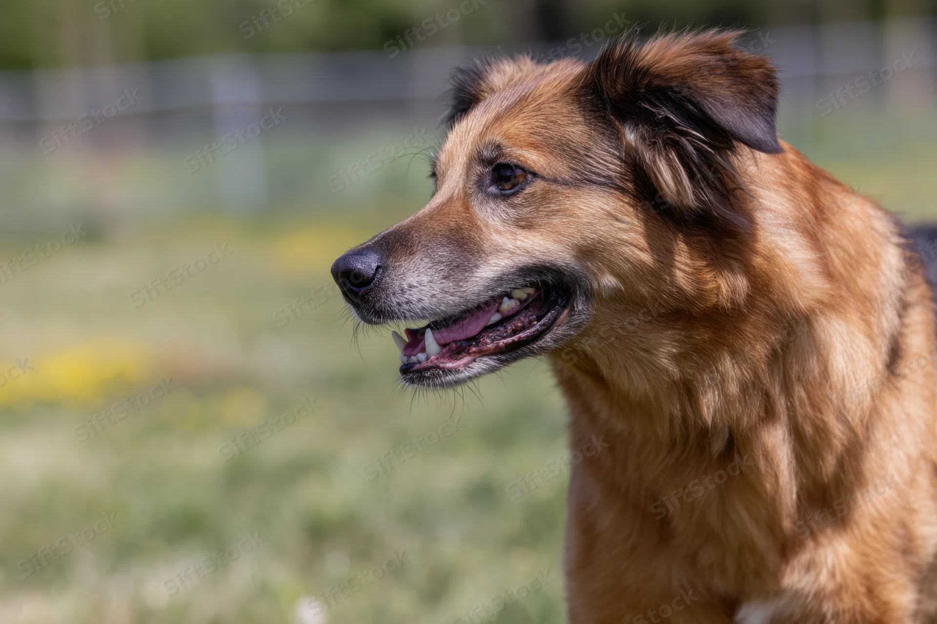 Dog showing snarling expression with teeth bared in a grassy outdoor field