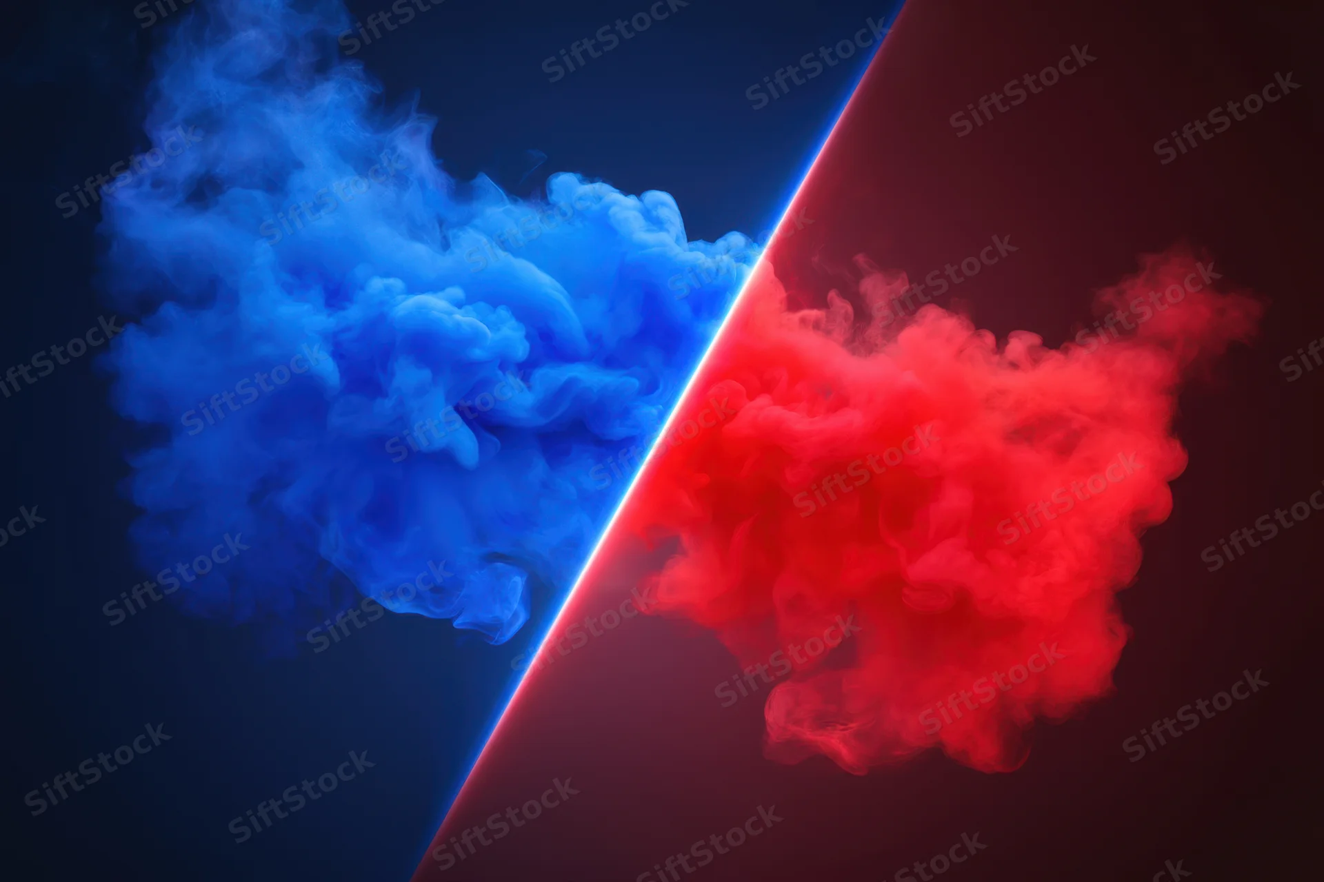 Vibrant red and blue smoke clouds colliding across a diagonal split background