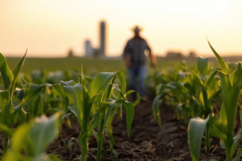 Farmer walking through rows of young corn plants in a field at sunset