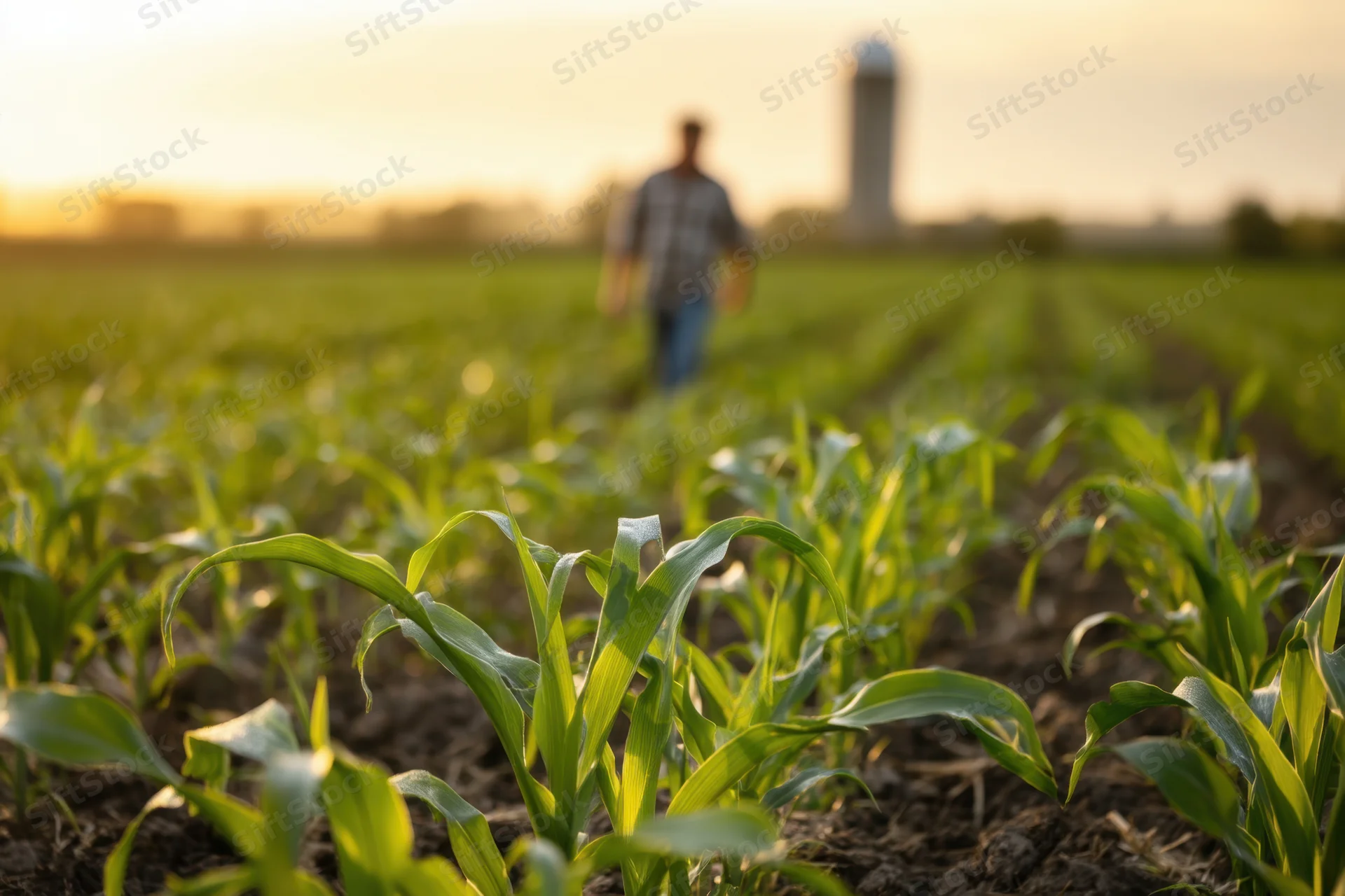 Farmer walking through rows of young corn plants in a field at sunset