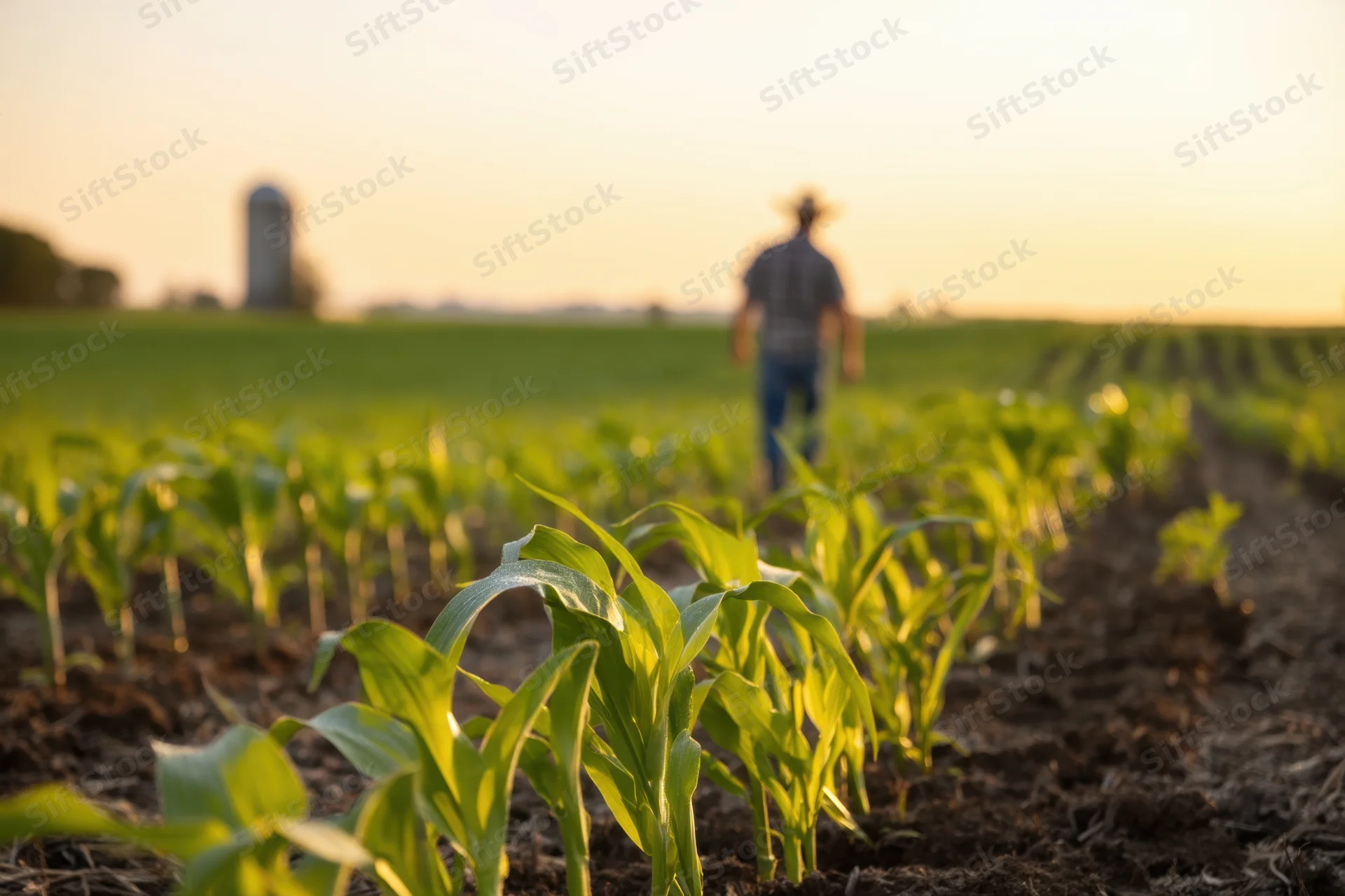 Farmer walking through rows of young corn plants in a field at sunset