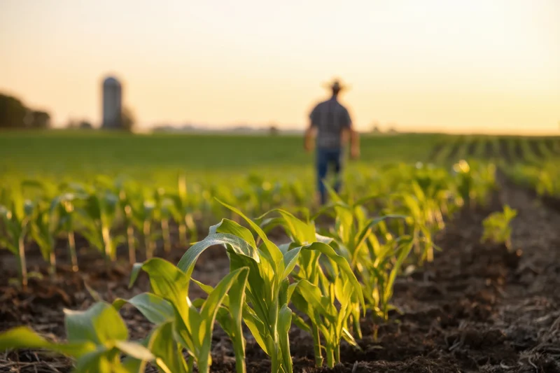Farmer walking through rows of young corn plants in a field at sunset