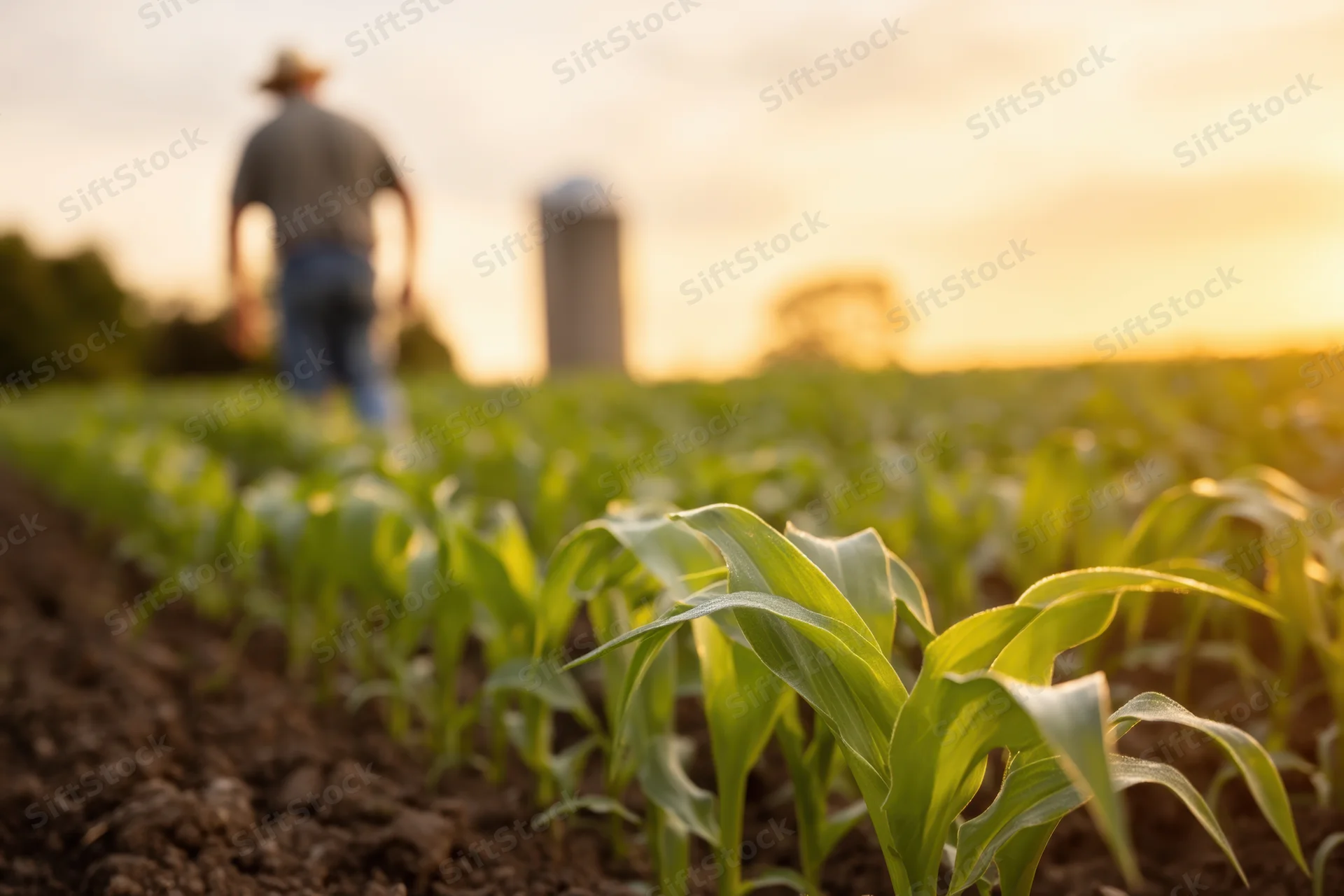 Farmer walking through rows of young corn plants in a field at sunset