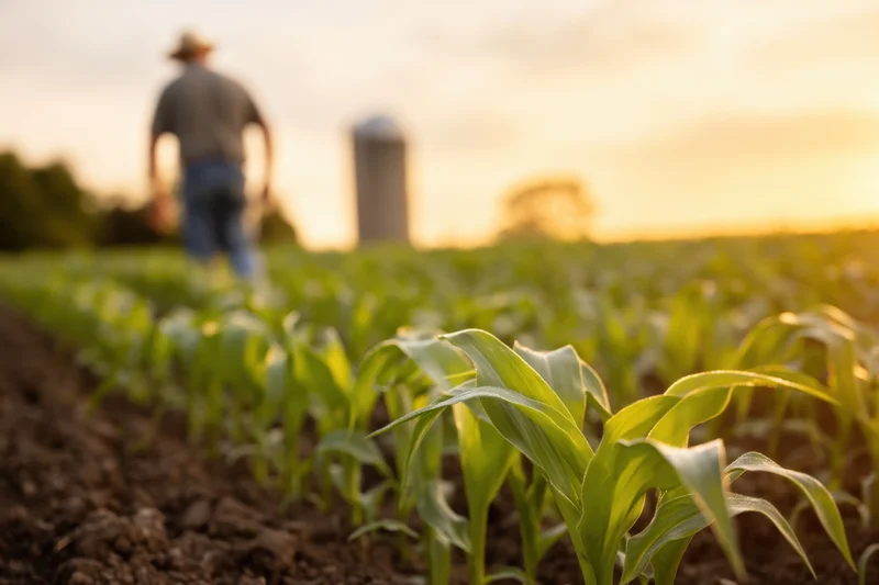 Farmer walking through rows of young corn plants in a field at sunset
