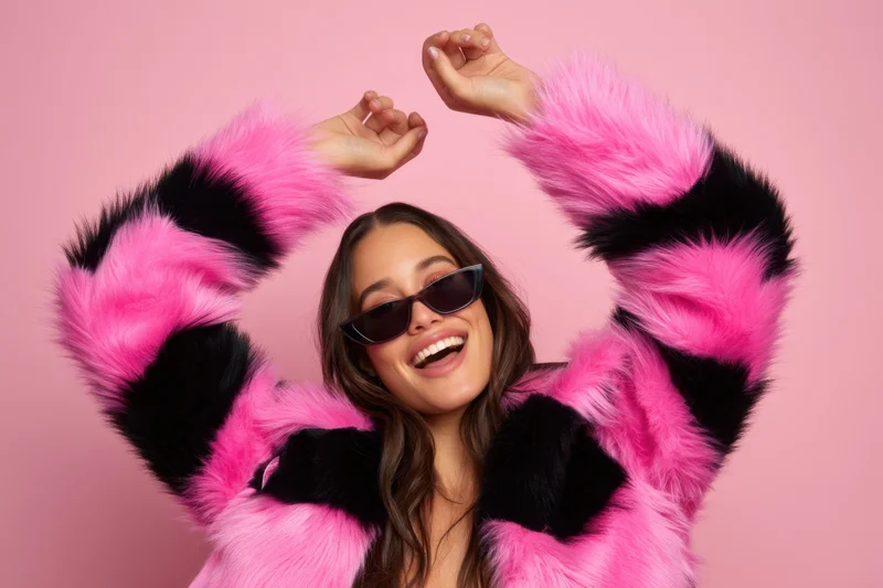 Young woman laughing in a pink and black striped fur coat with sunglasses, arms raised against a pink background