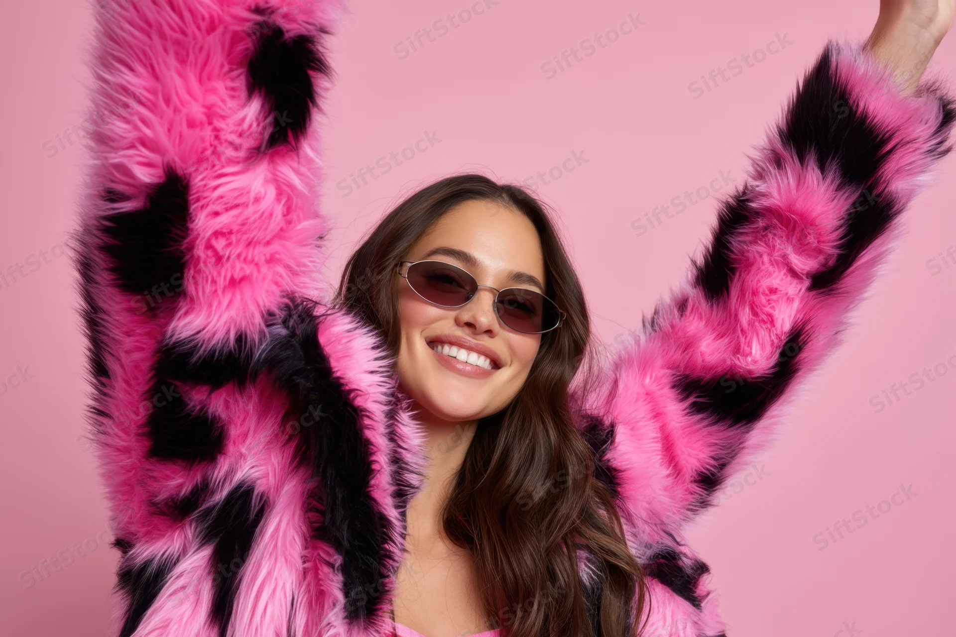Young woman in pink leopard-print fur coat smiling with arms raised in studio