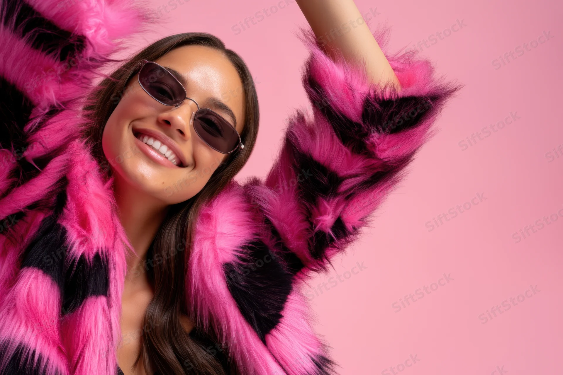 Young woman in pink and black fur coat smiling with sunglasses arm raised against pink background