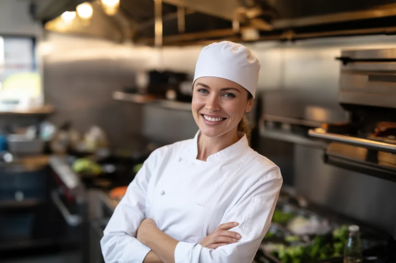 Female chef smiling with arms crossed in a commercial kitchen