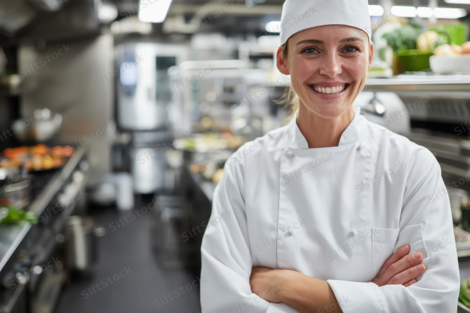 Female chef smiling with arms crossed in a commercial kitchen