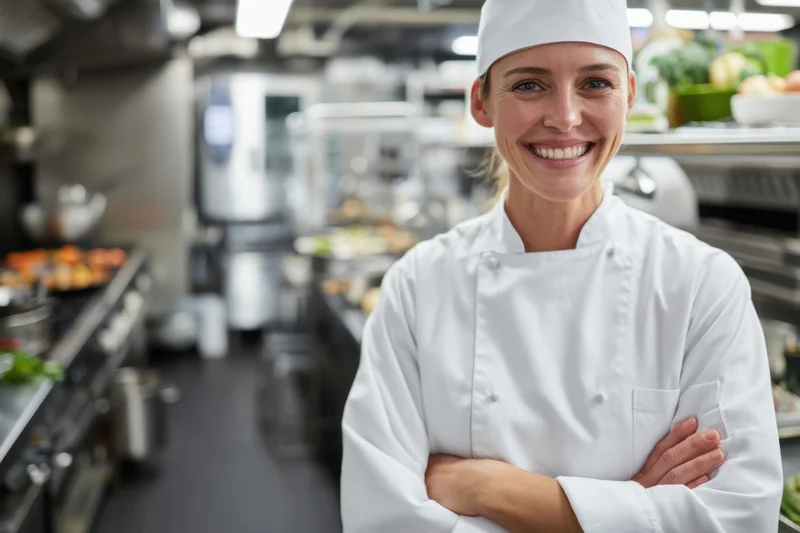 Female chef smiling with arms crossed in a commercial kitchen