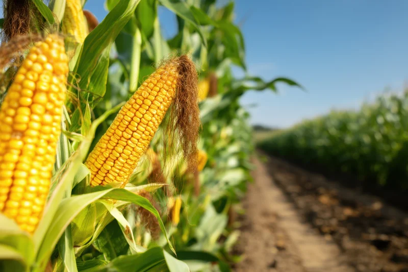 Ripe golden corn cobs on stalks in a field row under clear blue sky