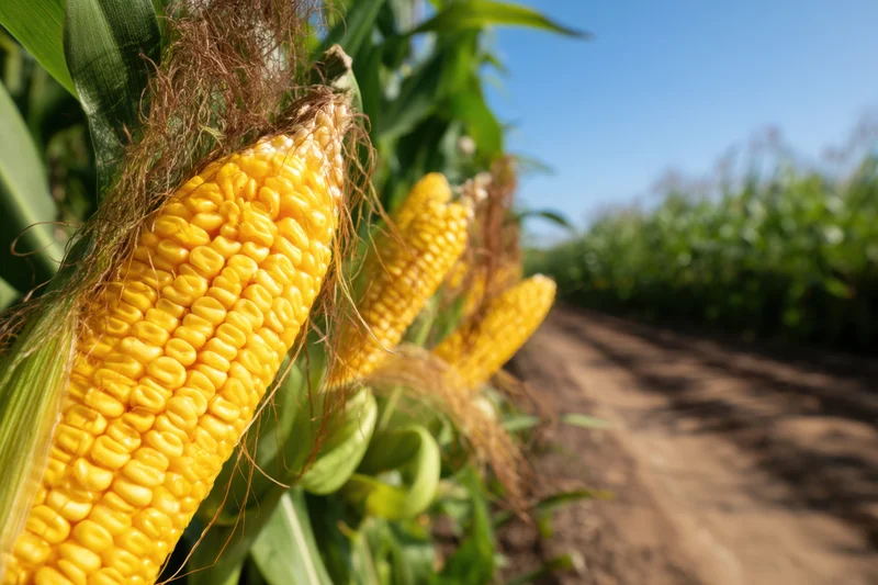 Ripe golden corn cobs on stalks in a field under a clear blue sky