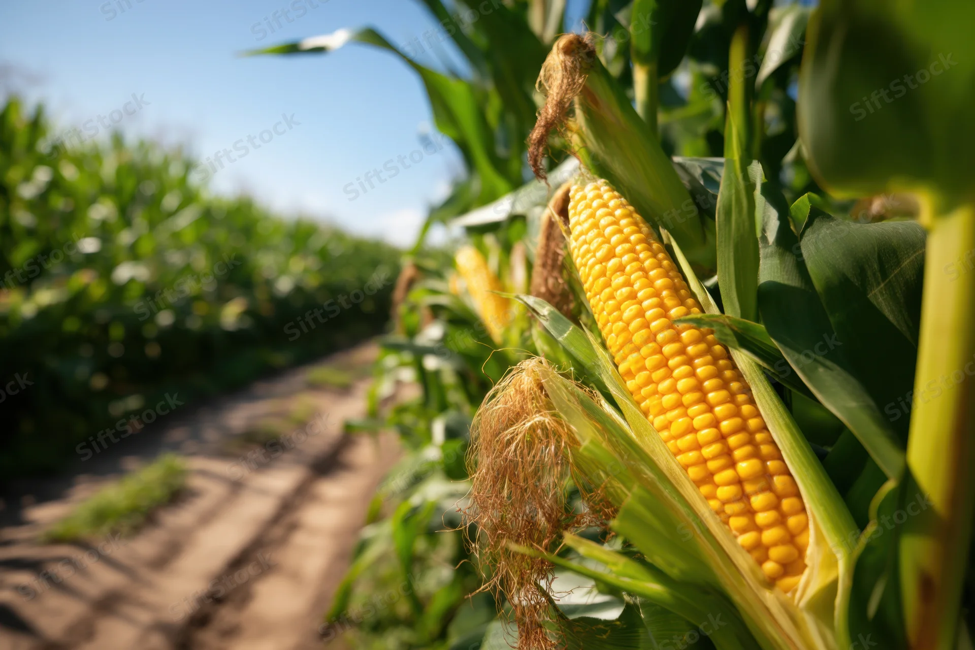 Ripe golden corn cobs on stalks in a field row under sunlight