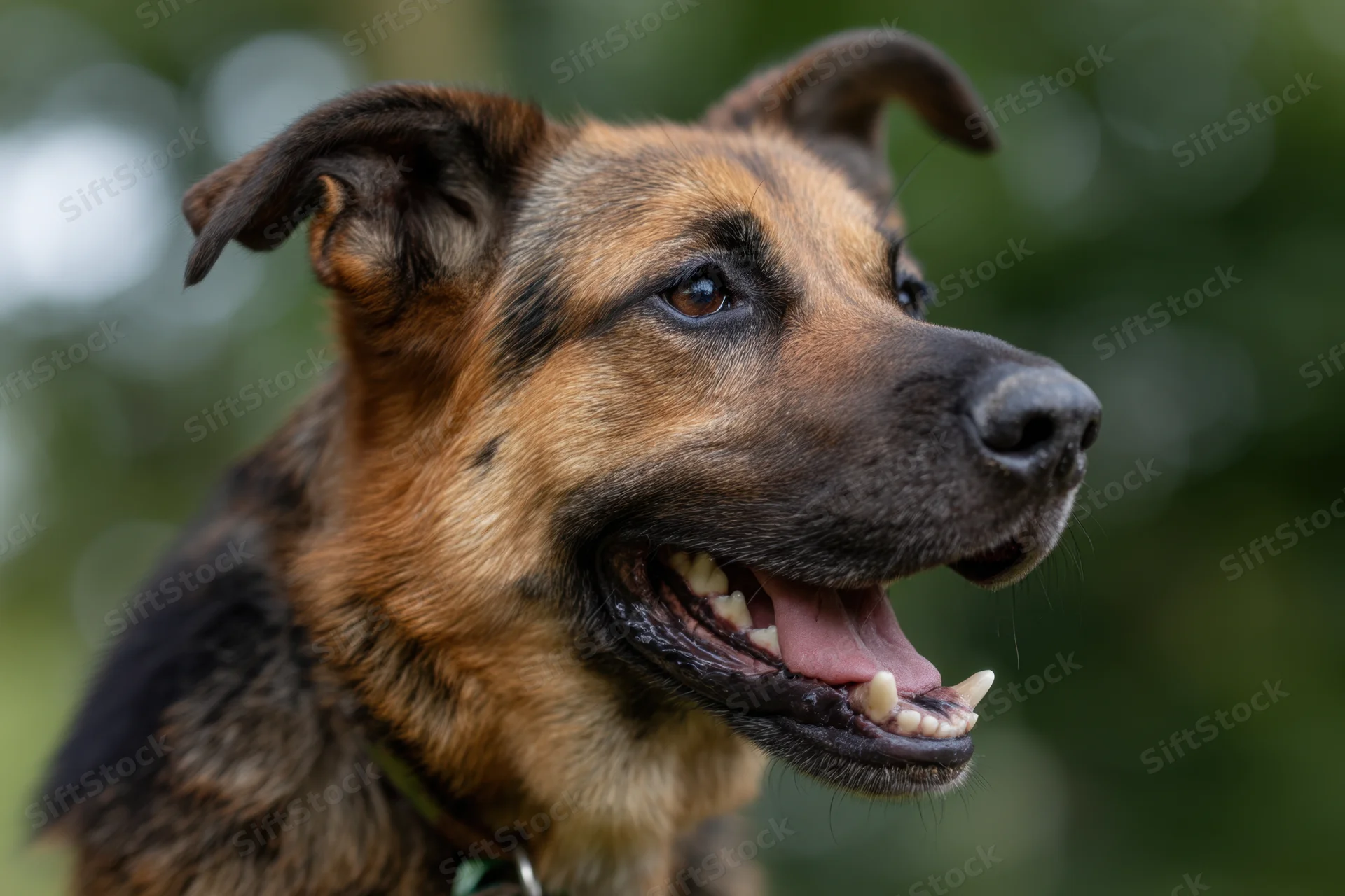 German shepherd dog in profile with open mouth and bared teeth outdoors among green foliage