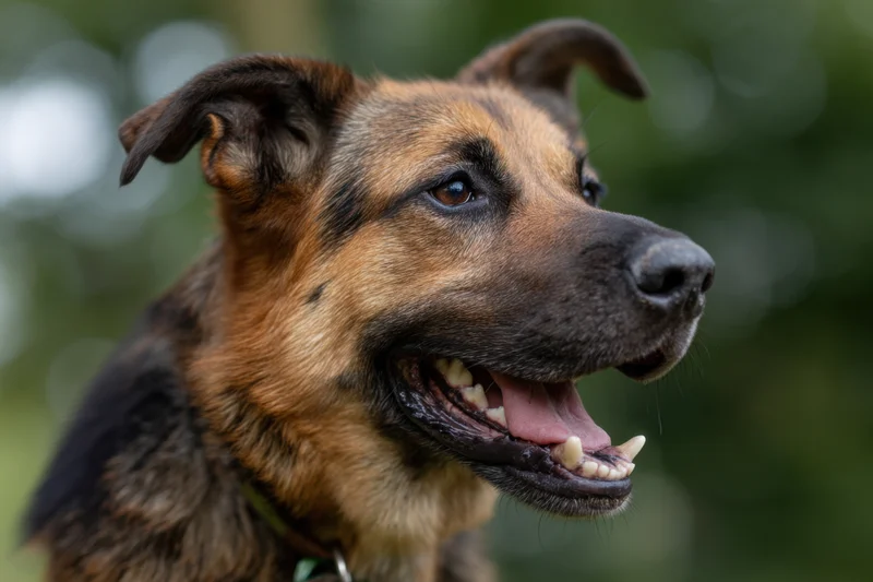German shepherd dog in profile with open mouth and bared teeth outdoors among green foliage