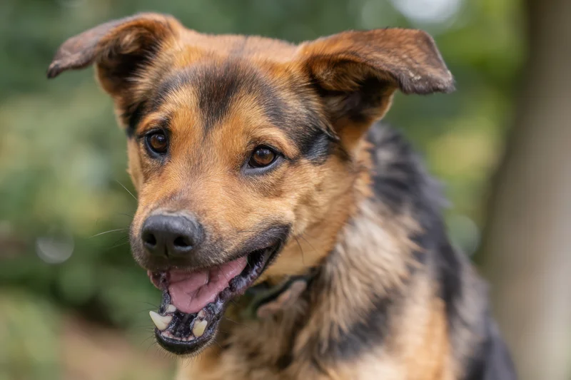 Closeup of a mixed-breed dog with open mouth and tongue showing, outdoors among green foliage