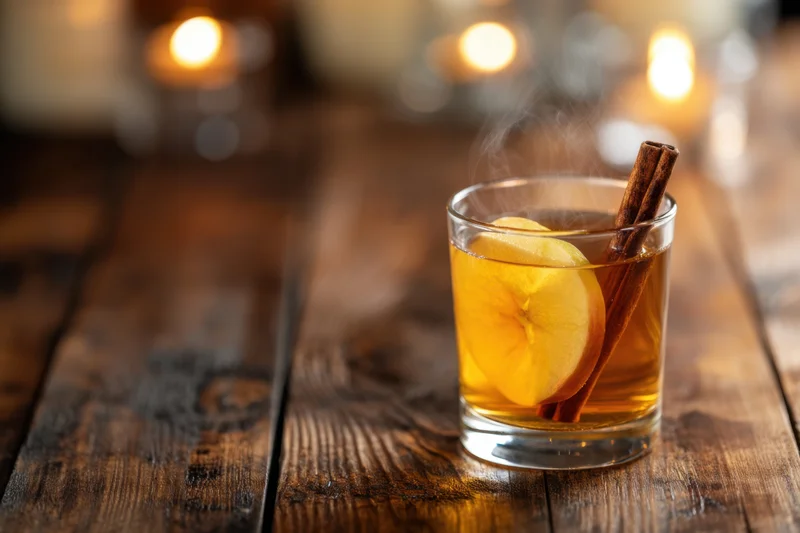 Warm spiced apple cider in a glass with apple slice and cinnamon stick on a wooden table