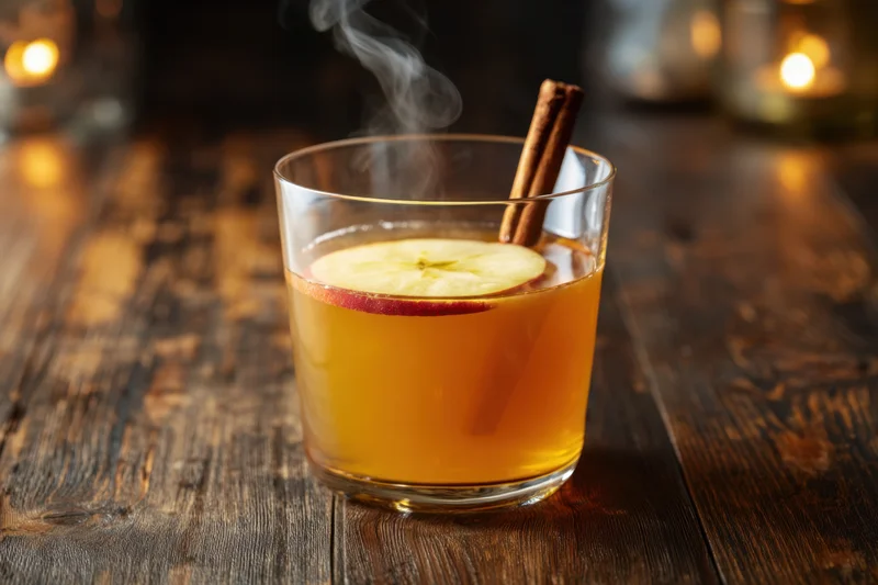 Warm spiced apple cider in a glass with apple slice and cinnamon stick on wooden table